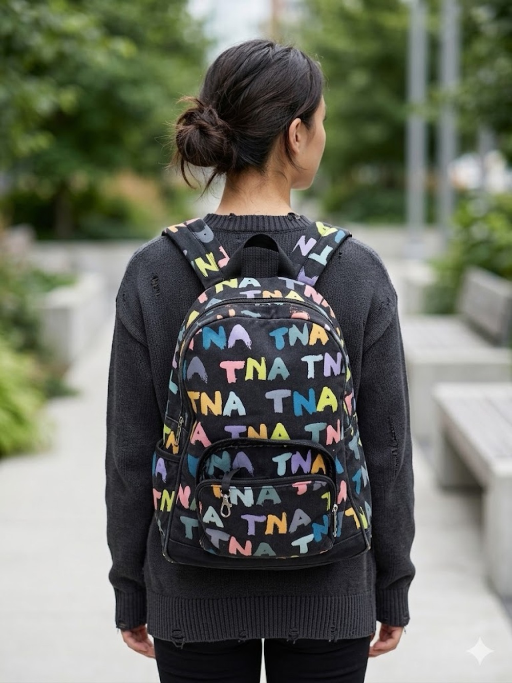 🧡| TNA Black Backpack with Multicolor Logo Print